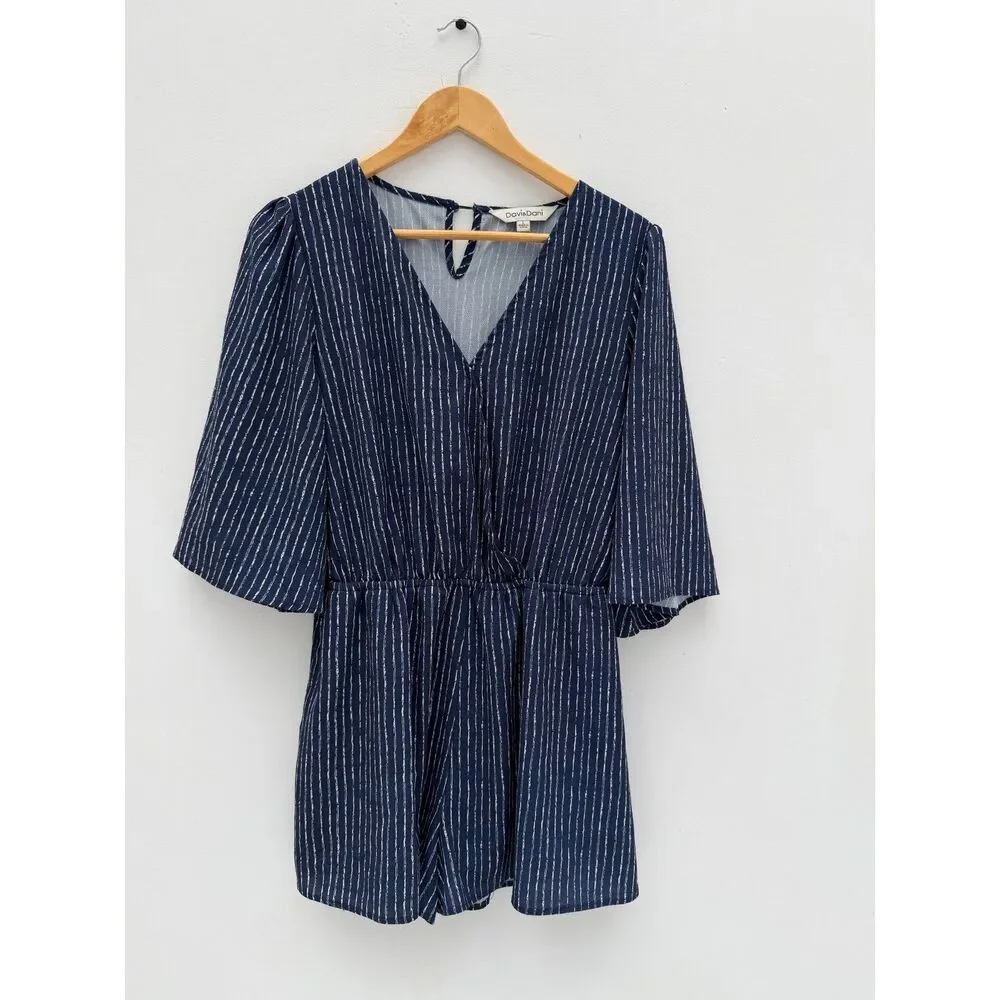 Davi & Dani Navy & White Striped V-Neck Romper - Size L